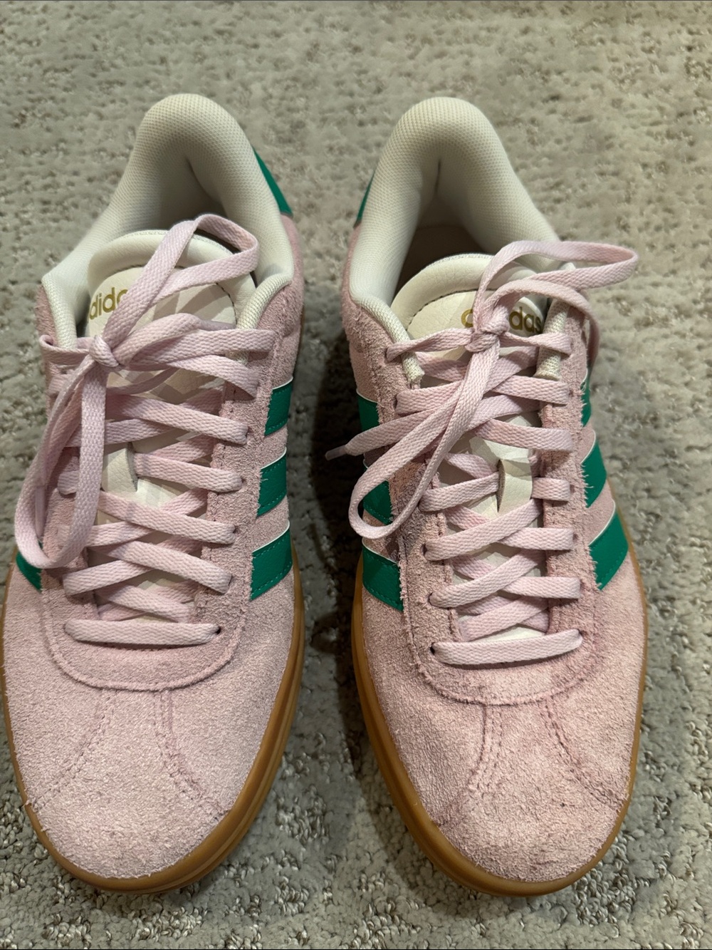adidas Women's Pink Suede Sneakers with Green Stripes and Gum Sole